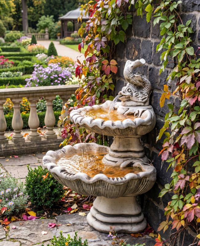 Wandbrunnen mit 2 Wasserbecken und Fisch Steinguss Zierbrunnen 105cm